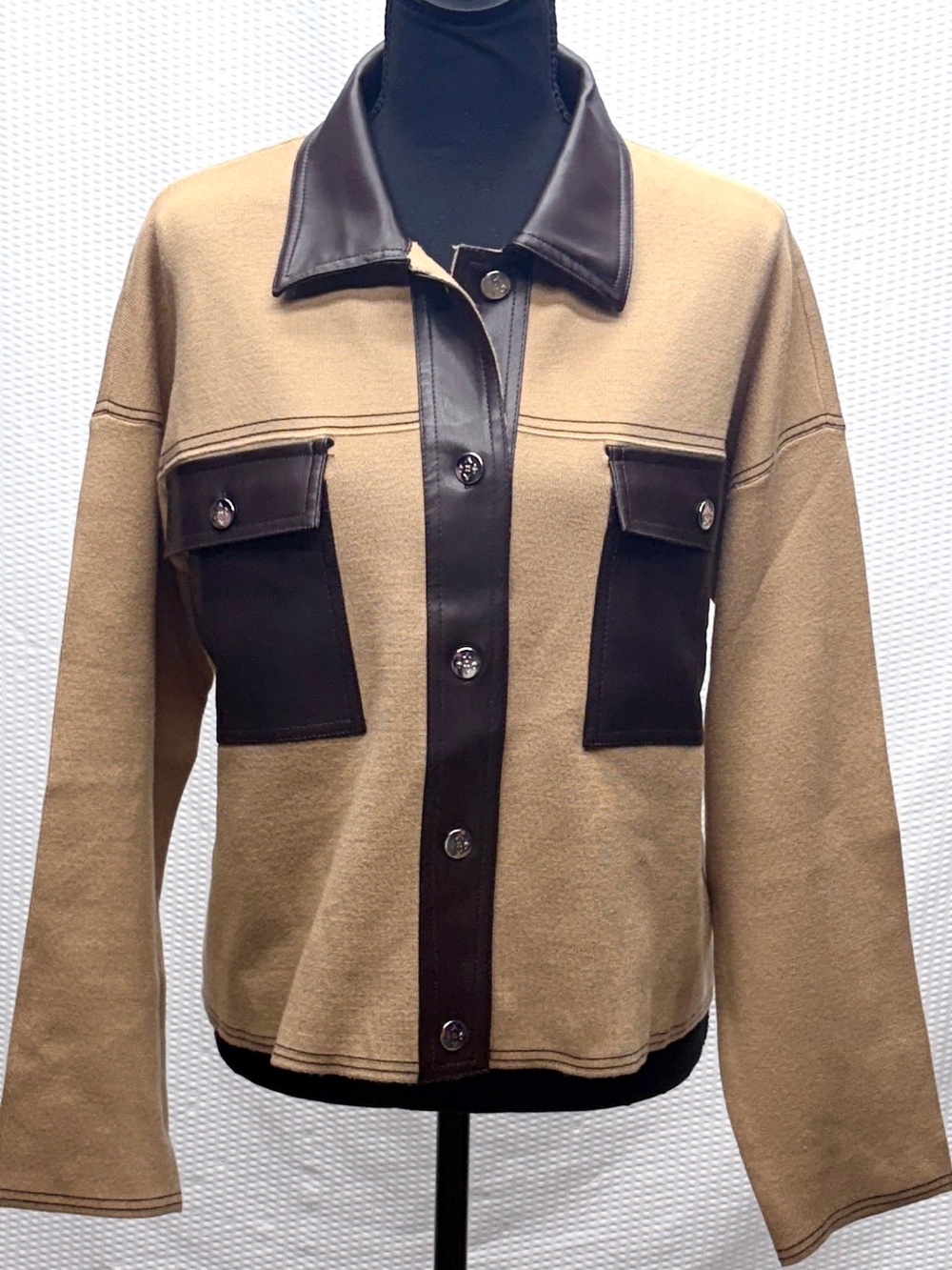 Nanette Lepore NWT Knit Shacket L Camel Chocolate Fuux Leather Trim